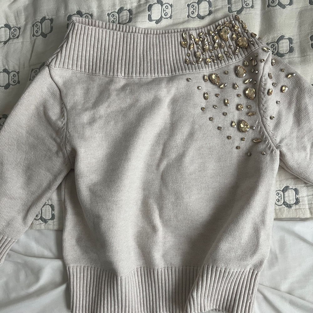 Embellished Off-Shoulder Sweater - Beige